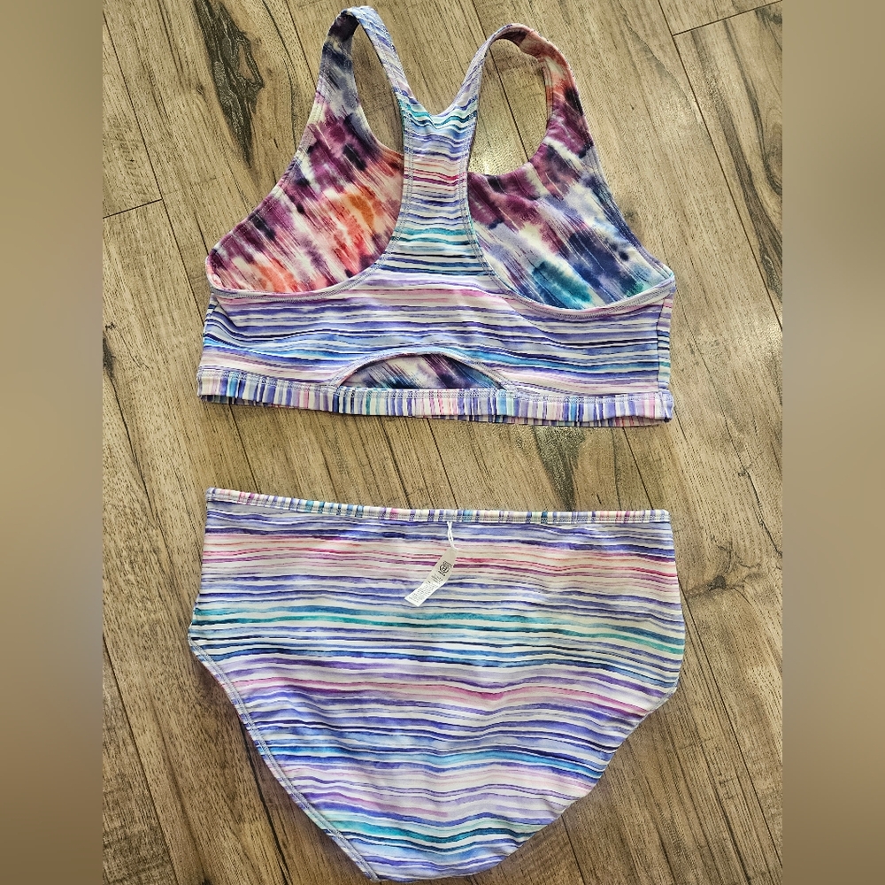 Athleta Girl High Tide Reversible Bikini XXL/16 Tie Dye And Striped - Picture 2 of 7